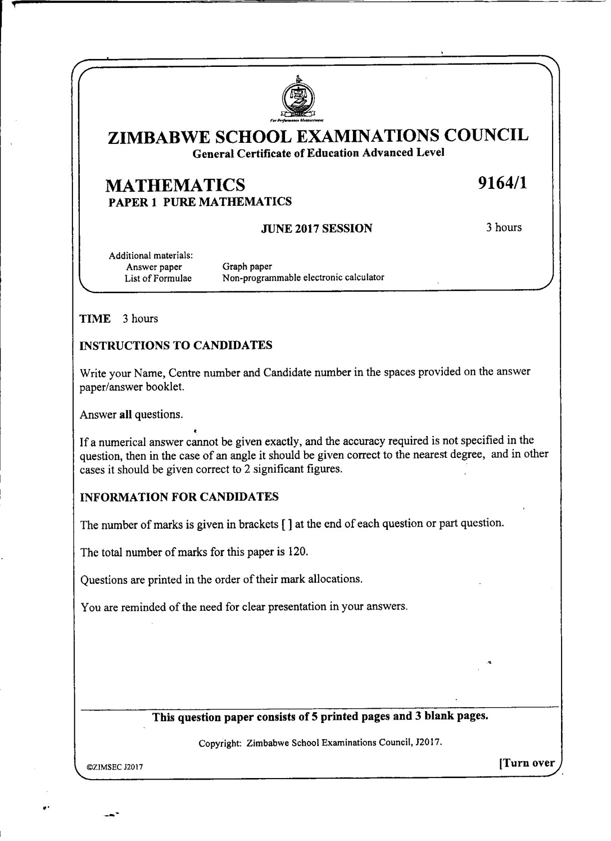 First page of ZIMSEC A-Level Mathematics Paper 1 June 2017 Question Paper