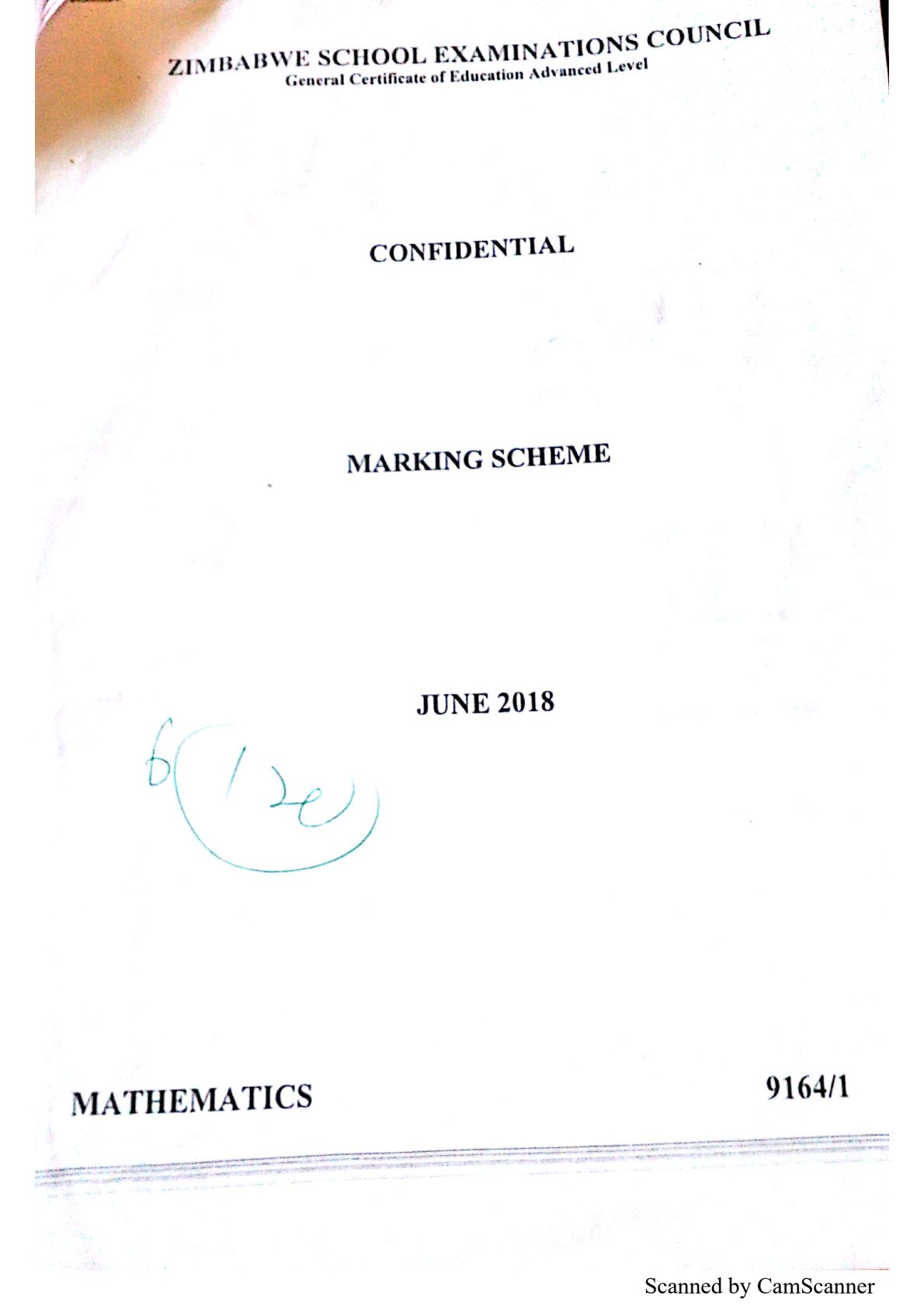 First page of ZIMSEC A-Level Mathematics Paper 1 June 2018 Marking Scheme