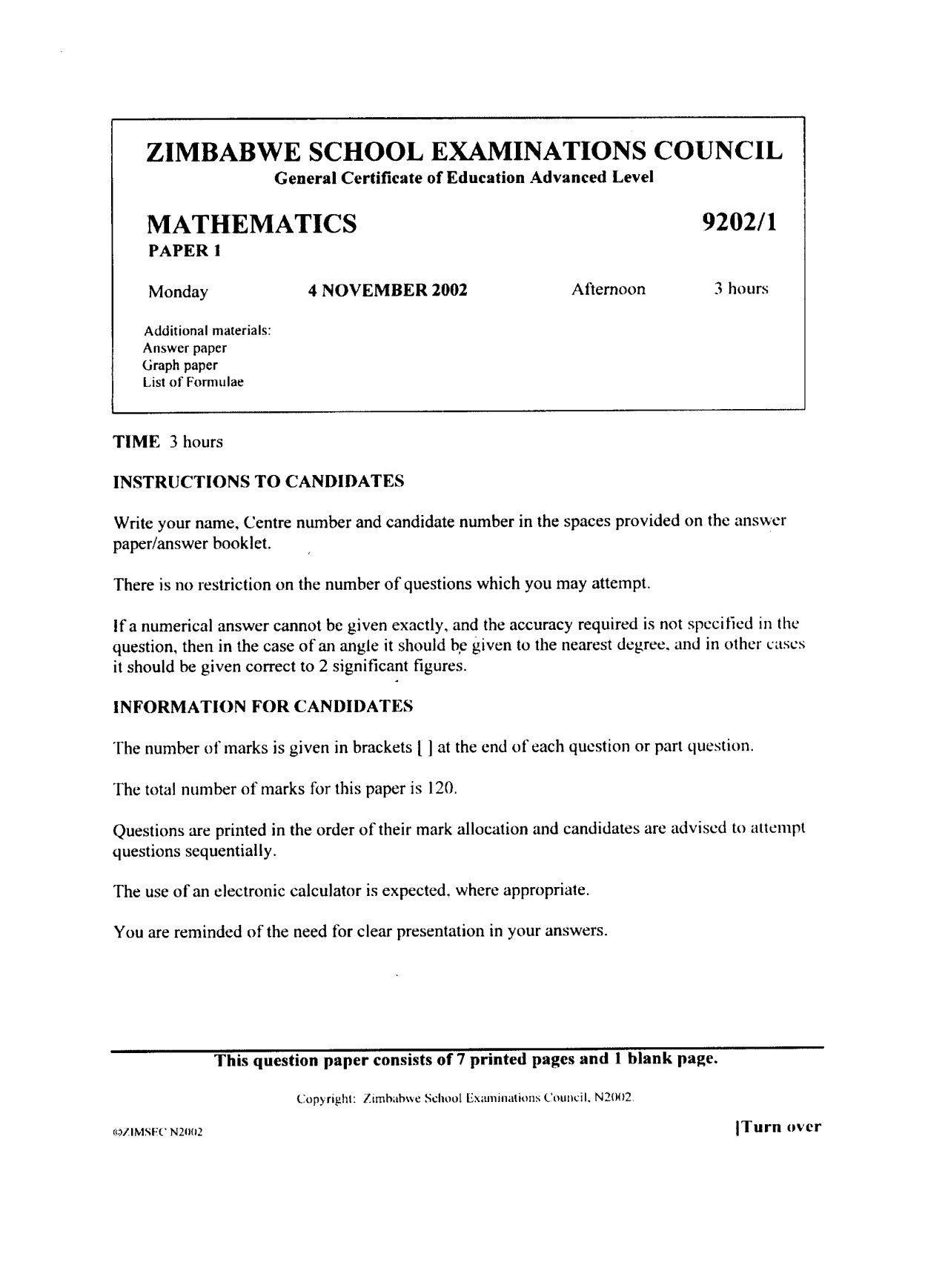 First page of ZIMSEC A-Level Mathematics Paper 1 November 2002 Question Paper