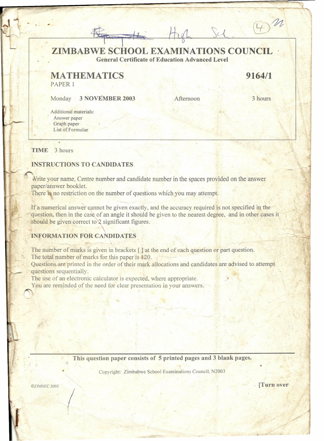 First page of ZIMSEC A-Level Mathematics Paper 1 November 2003 Question Paper