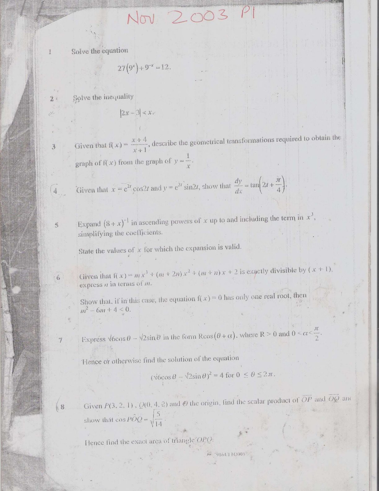 First page of ZIMSEC A-Level Mathematics Paper 1 November 2003 Question Paper
