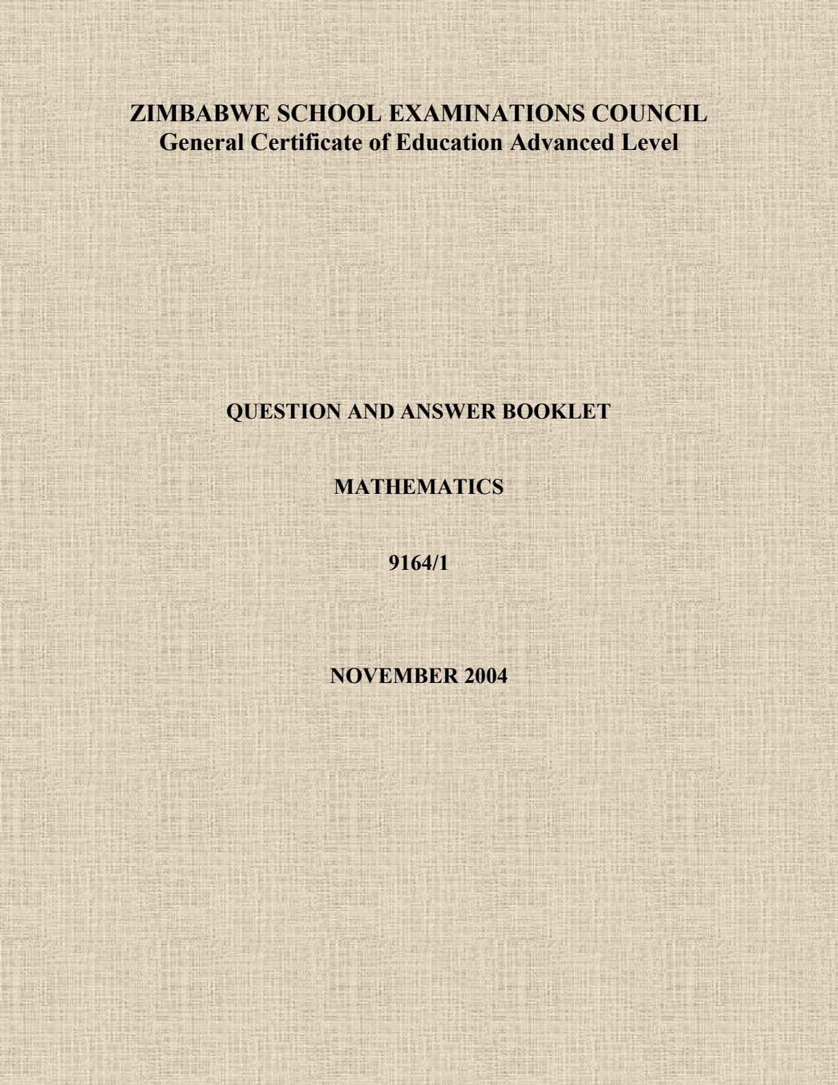 First page of ZIMSEC A-Level Mathematics Paper 1 November 2004 Marking Scheme
