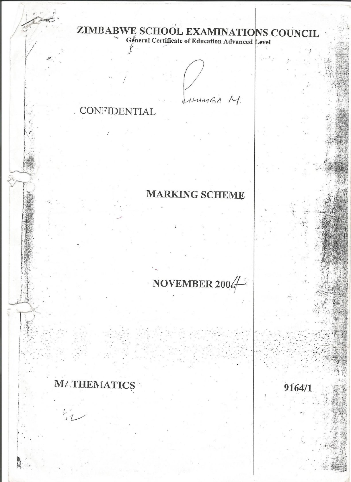 First page of ZIMSEC A-Level Mathematics Paper 1 November 2004 Marking Scheme