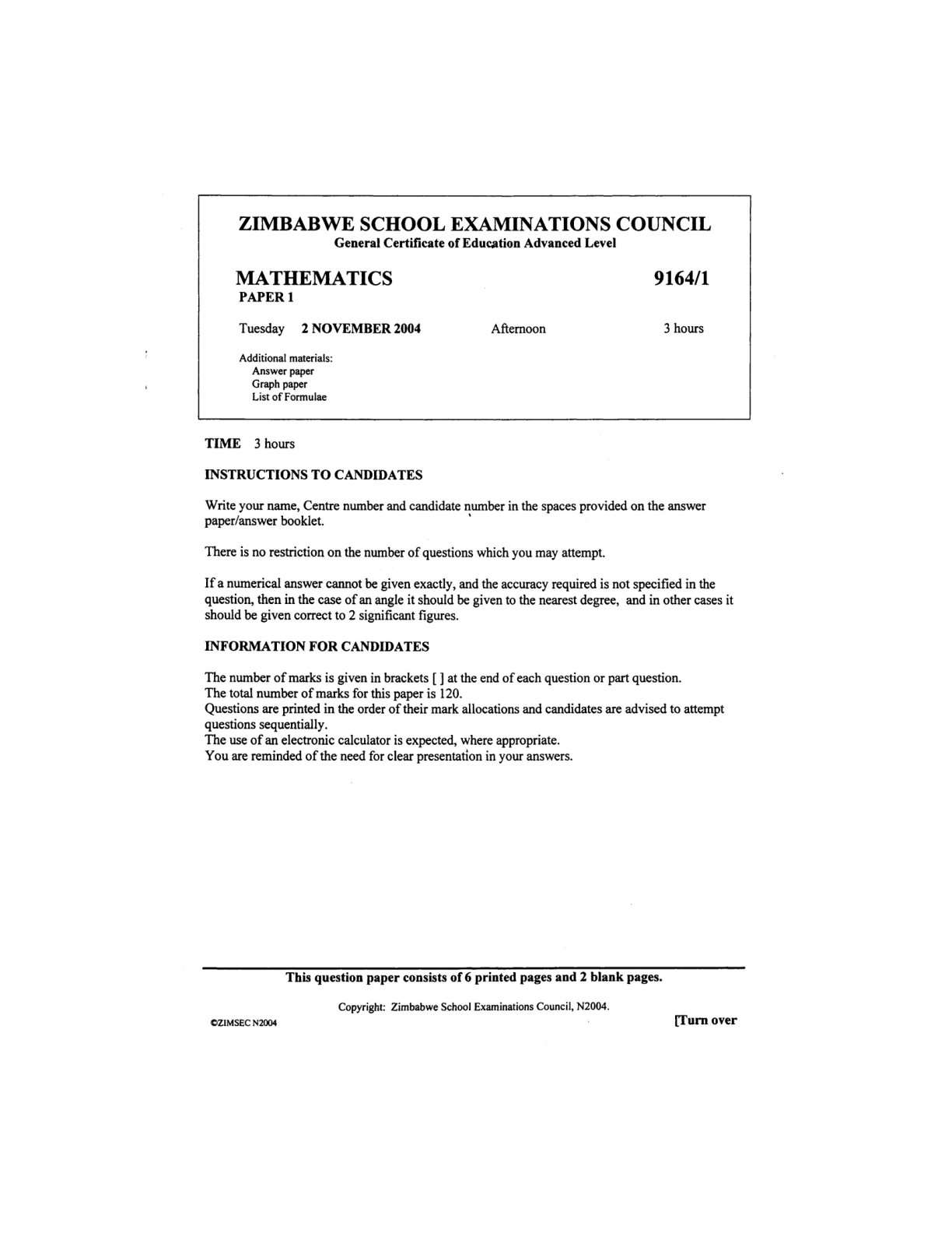 First page of ZIMSEC A-Level Mathematics Paper 1 November 2004 Question Paper