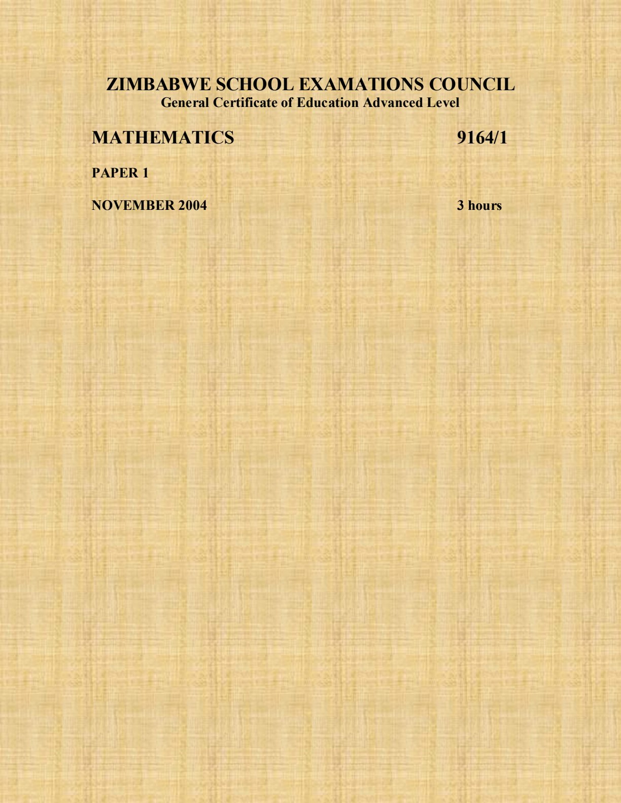 First page of ZIMSEC A-Level Mathematics Paper 1 November 2004 Question Paper