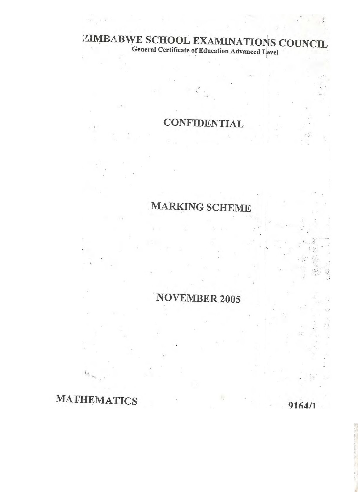First page of ZIMSEC A-Level Mathematics Paper 1 November 2005 Marking Scheme