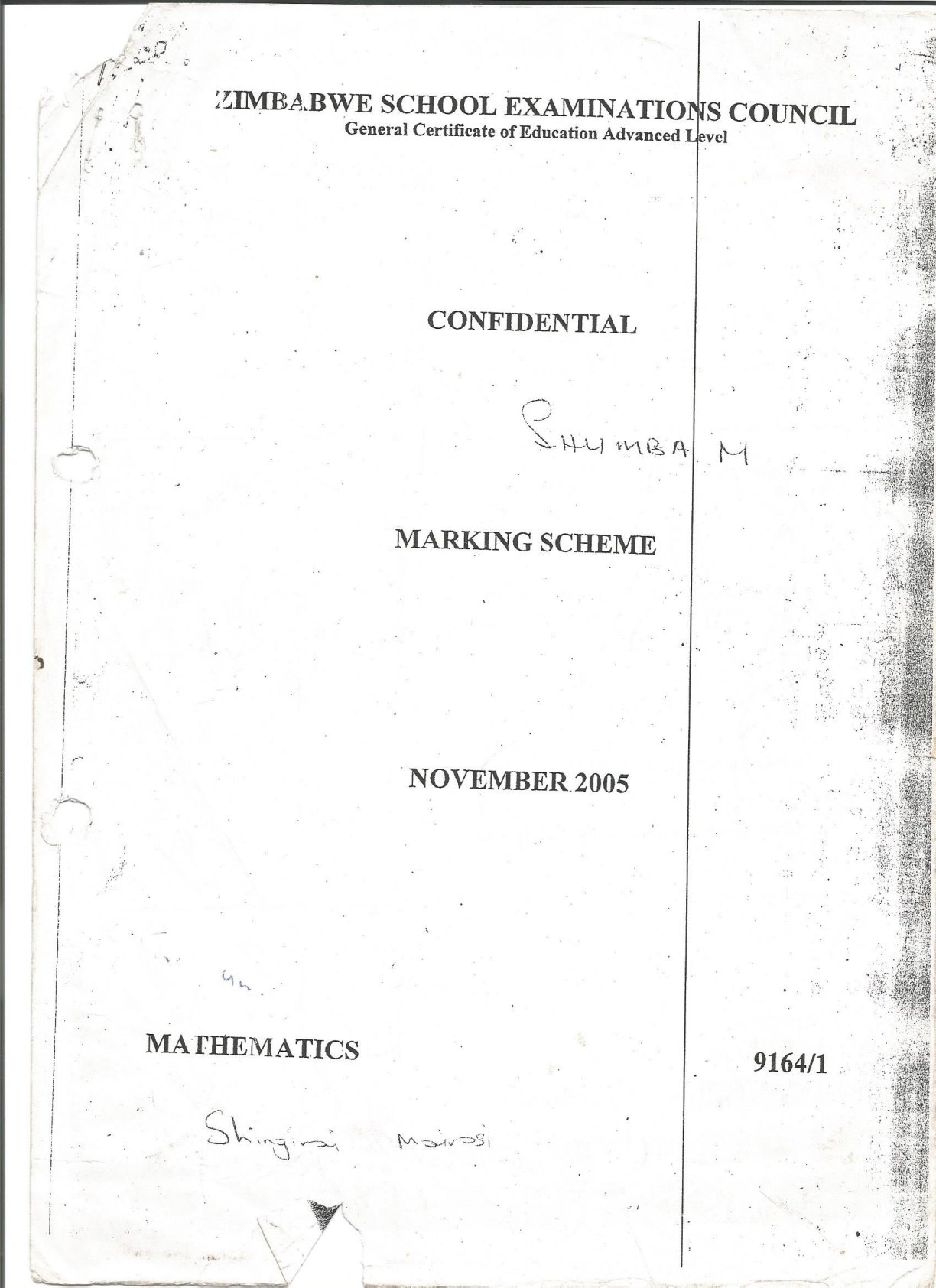 First page of ZIMSEC A-Level Mathematics Paper 1 November 2005 Marking Scheme