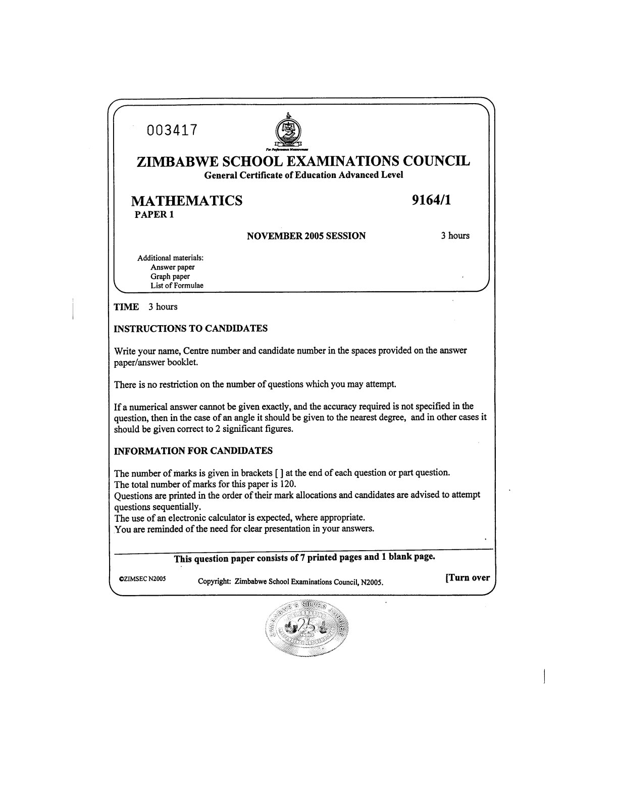 First page of ZIMSEC A-Level Mathematics Paper 1 November 2005 Question Paper