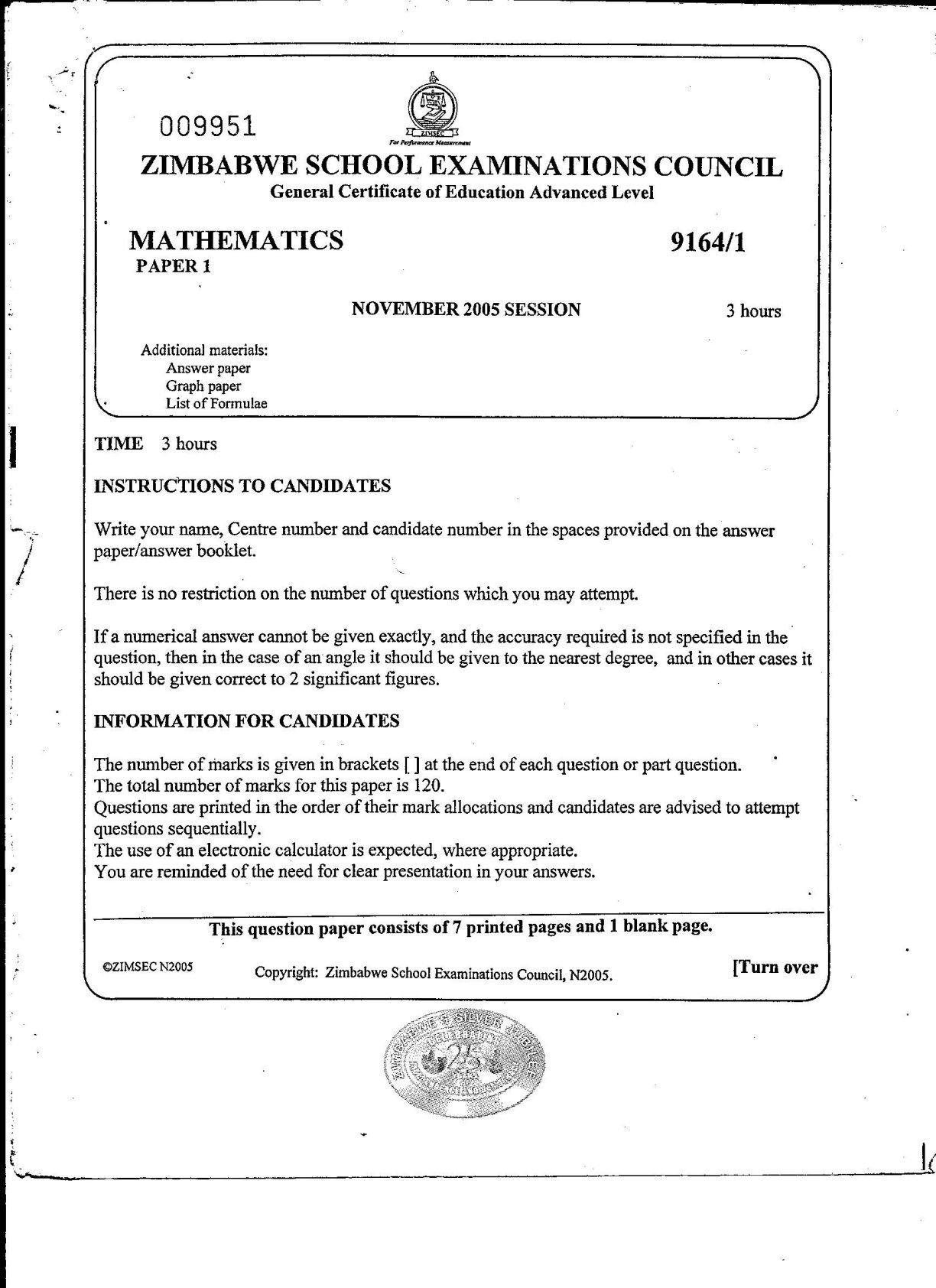 First page of ZIMSEC A-Level Mathematics Paper 1 November 2005 Question Paper