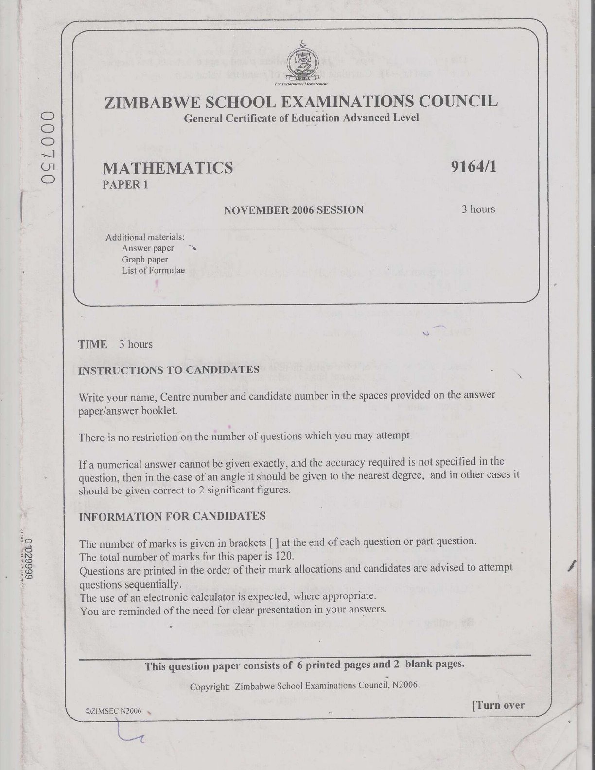 First page of ZIMSEC A-Level Mathematics Paper 1 November 2006 Question Paper
