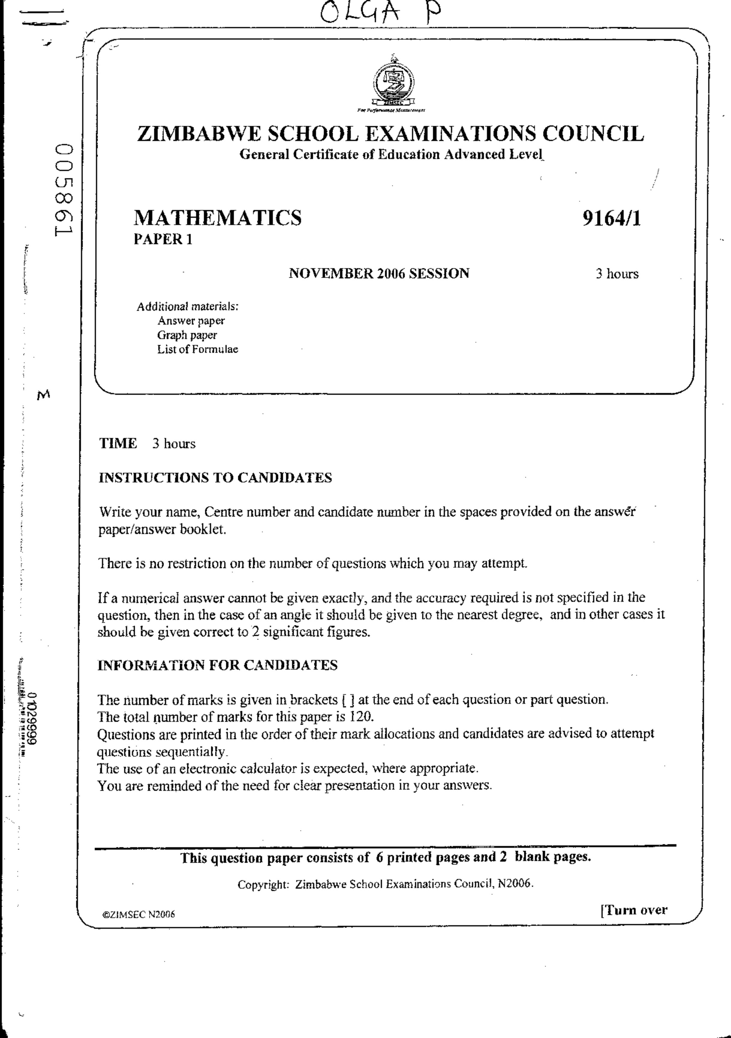 First page of ZIMSEC A-Level Mathematics Paper 1 November 2006 Question Paper