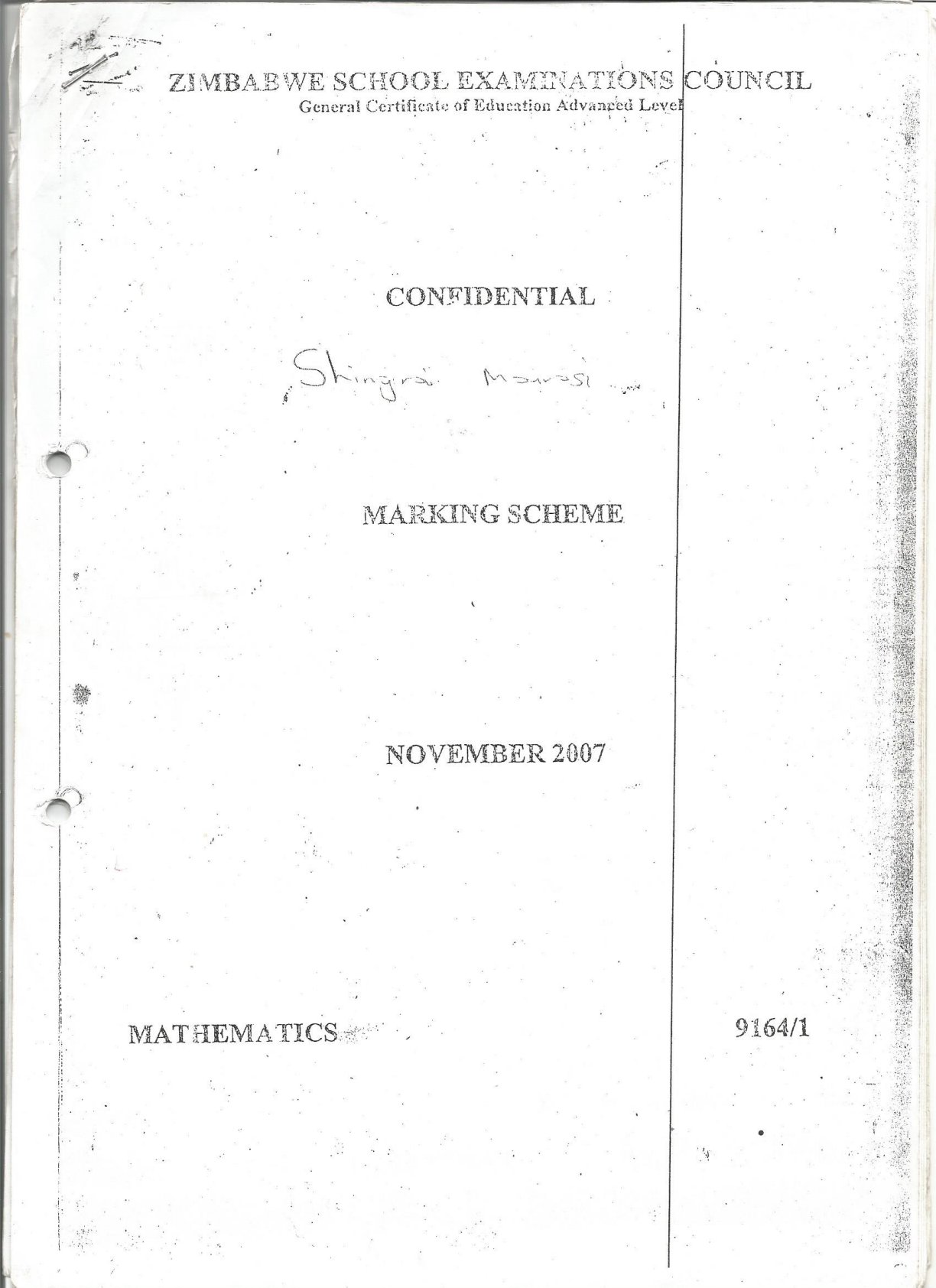 First page of ZIMSEC A-Level Mathematics Paper 1 November 2007 Marking Scheme