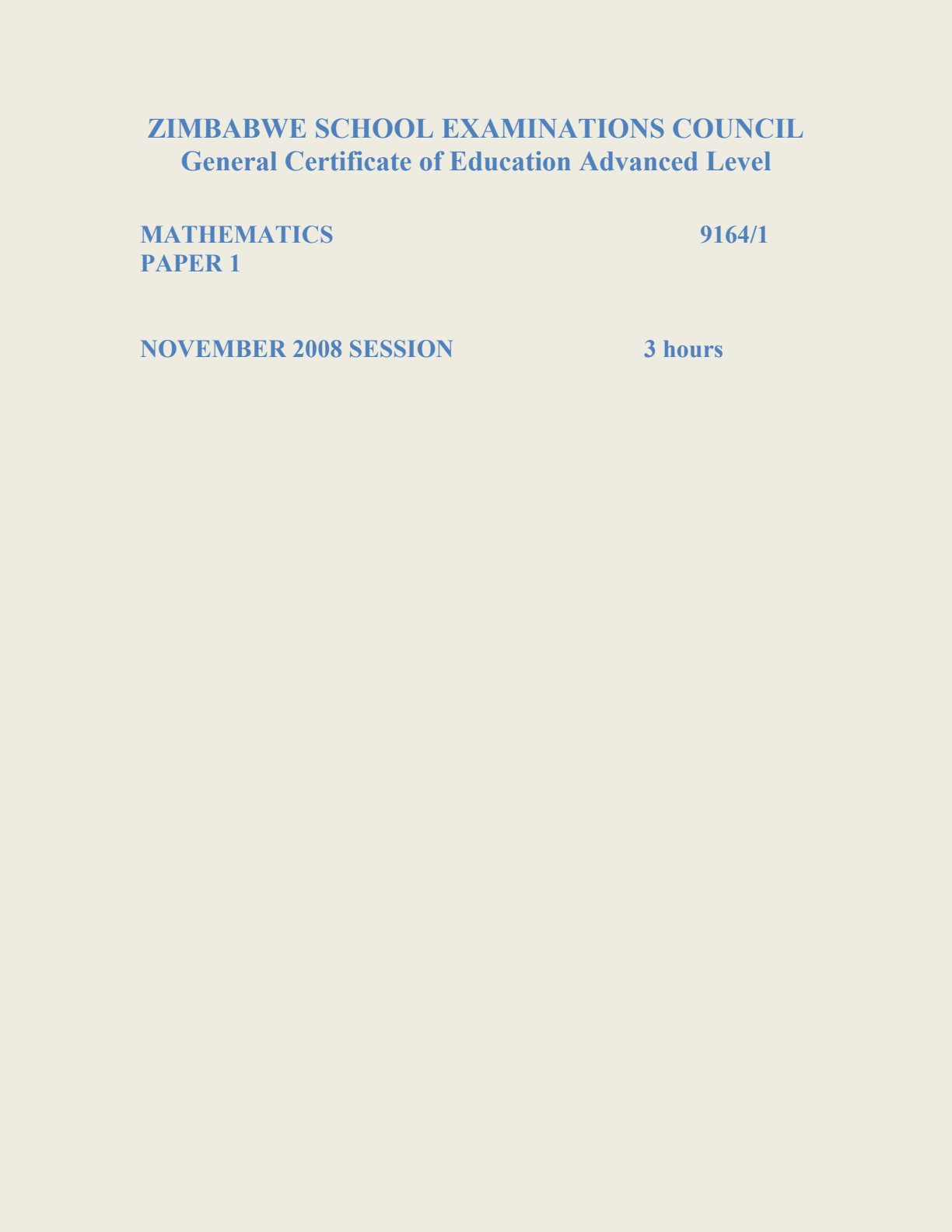 First page of ZIMSEC A-Level Mathematics Paper 1 November 2008 Question Paper