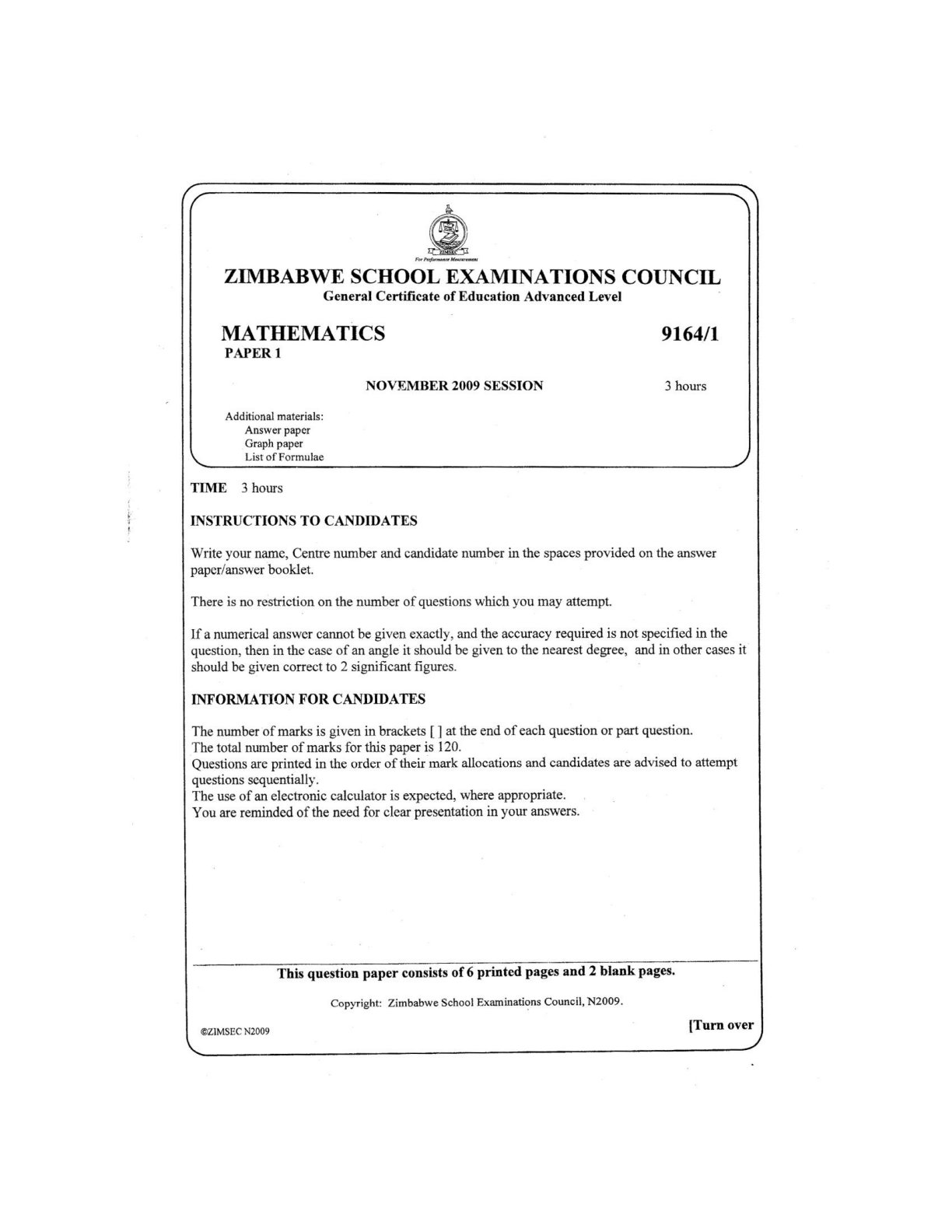 First page of ZIMSEC A-Level Mathematics Paper 1 November 2009 Question Paper