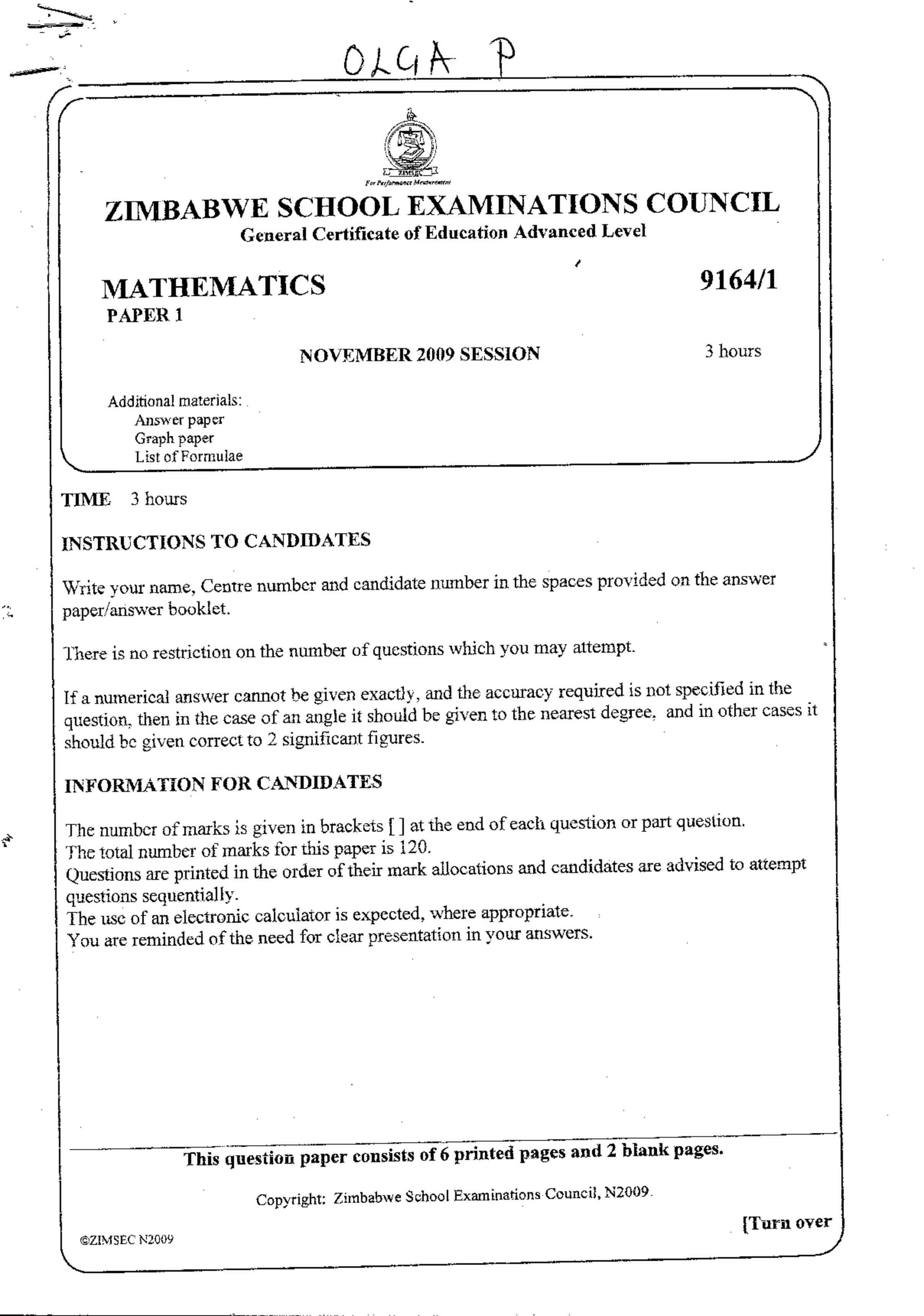 First page of ZIMSEC A-Level Mathematics Paper 1 November 2009 Question Paper