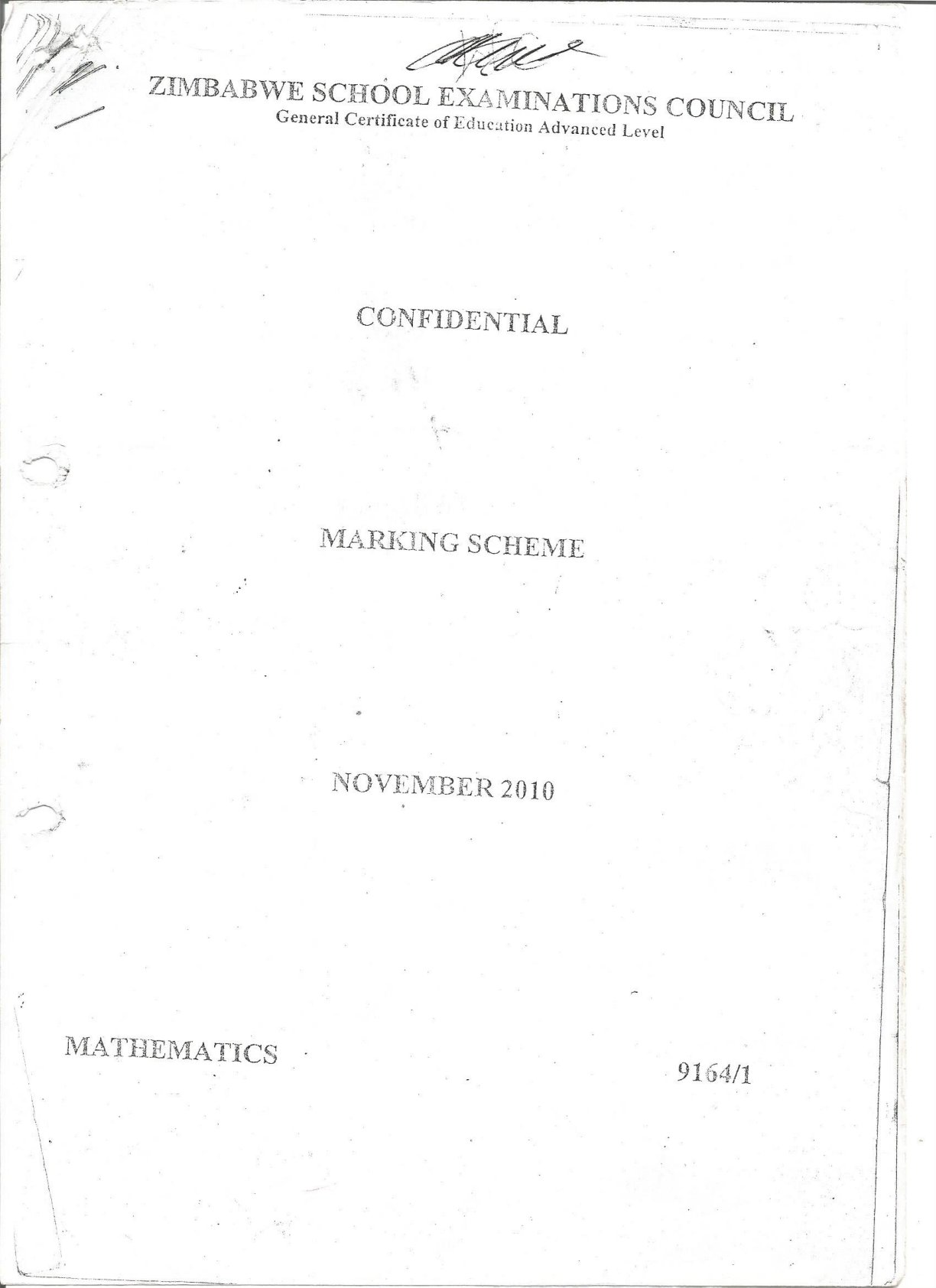 First page of ZIMSEC A-Level Mathematics Paper 1 November 2010 Marking Scheme