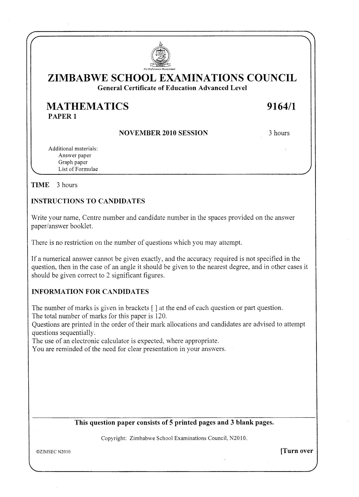 First page of ZIMSEC A-Level Mathematics Paper 1 November 2010 Question Paper