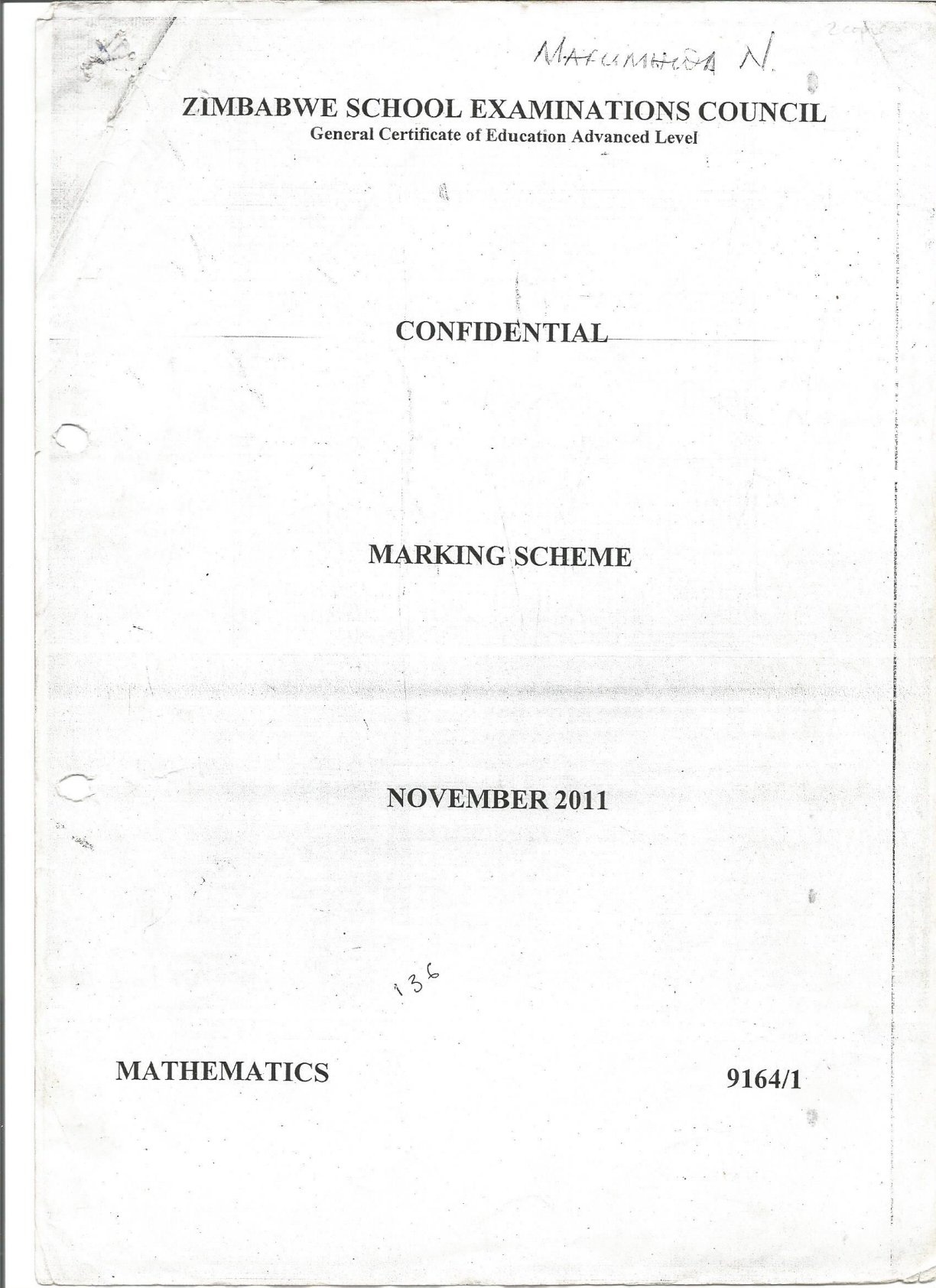 First page of ZIMSEC A-Level Mathematics Paper 1 November 2011 Marking Scheme