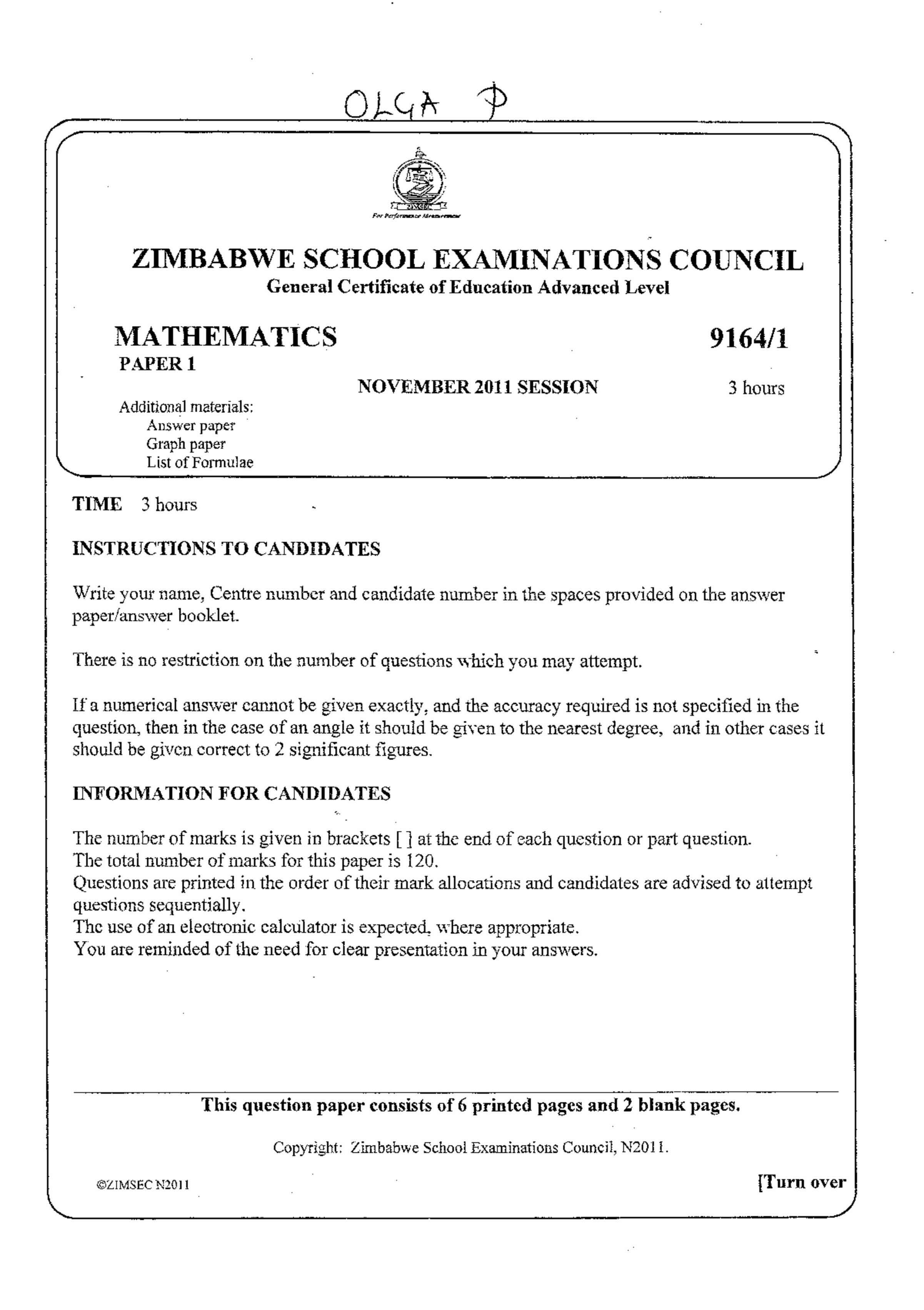 First page of ZIMSEC A-Level Mathematics Paper 1 November 2011 Question Paper