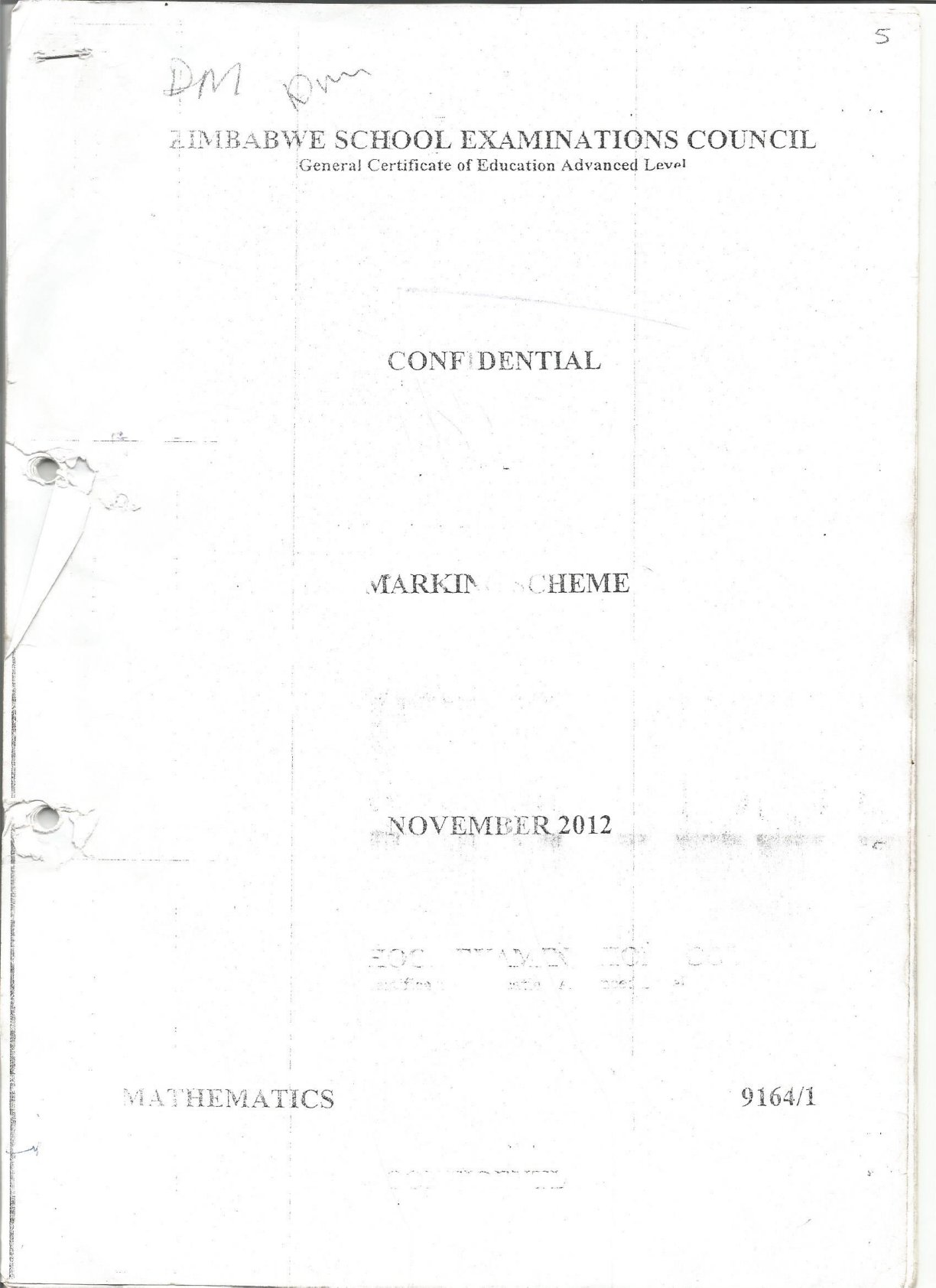 First page of ZIMSEC A-Level Mathematics Paper 1 November 2012 Marking Scheme