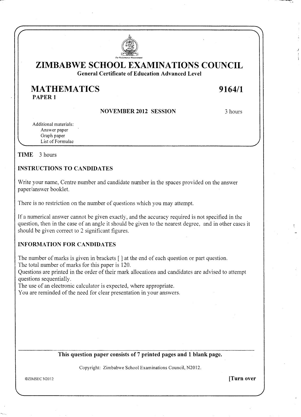 First page of ZIMSEC A-Level Mathematics Paper 1 November 2012 Question Paper
