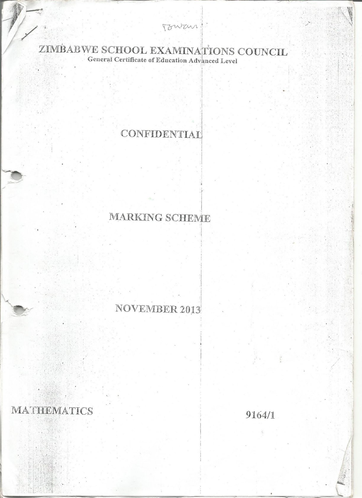 First page of ZIMSEC A-Level Mathematics Paper 1 November 2013 Marking Scheme