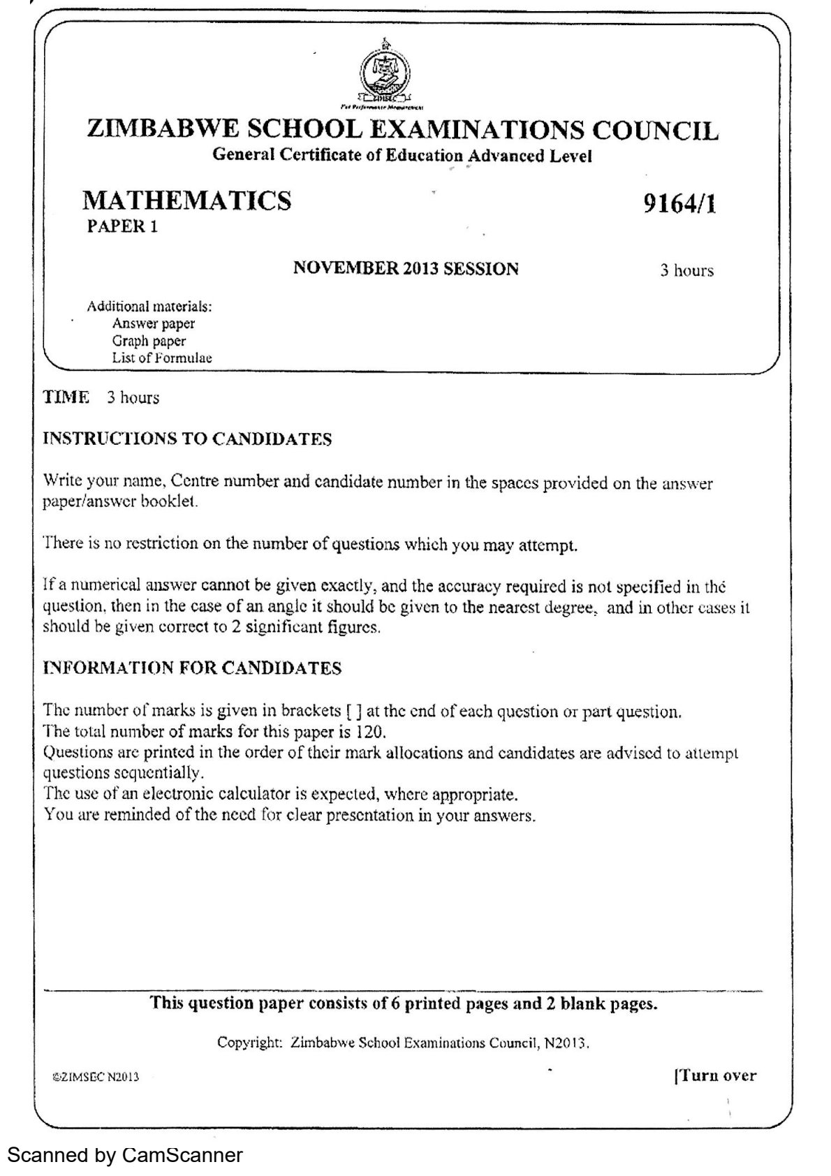 First page of ZIMSEC A-Level Mathematics Paper 1 November 2013 Question Paper