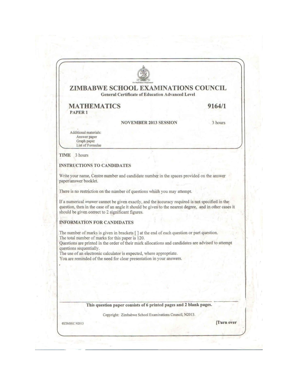 First page of ZIMSEC A-Level Mathematics Paper 1 November 2013 Question Paper