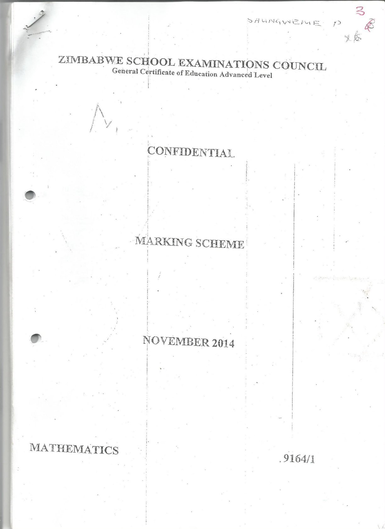 First page of ZIMSEC A-Level Mathematics Paper 1 November 2014 Marking Scheme
