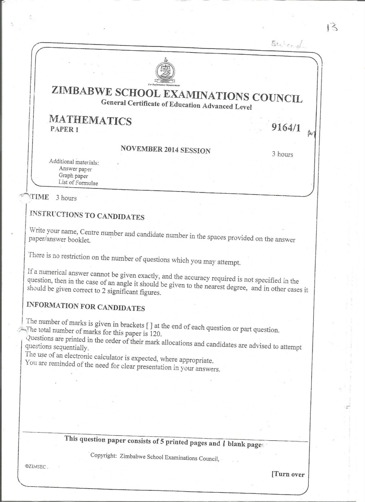 First page of ZIMSEC A-Level Mathematics Paper 1 November 2014 Question Paper