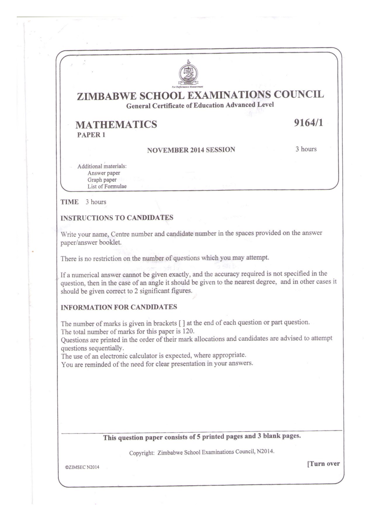First page of ZIMSEC A-Level Mathematics Paper 1 November 2014 Question Paper