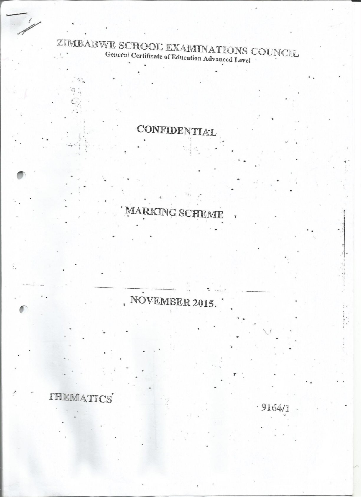 First page of ZIMSEC A-Level Mathematics Paper 1 November 2015 Marking Scheme
