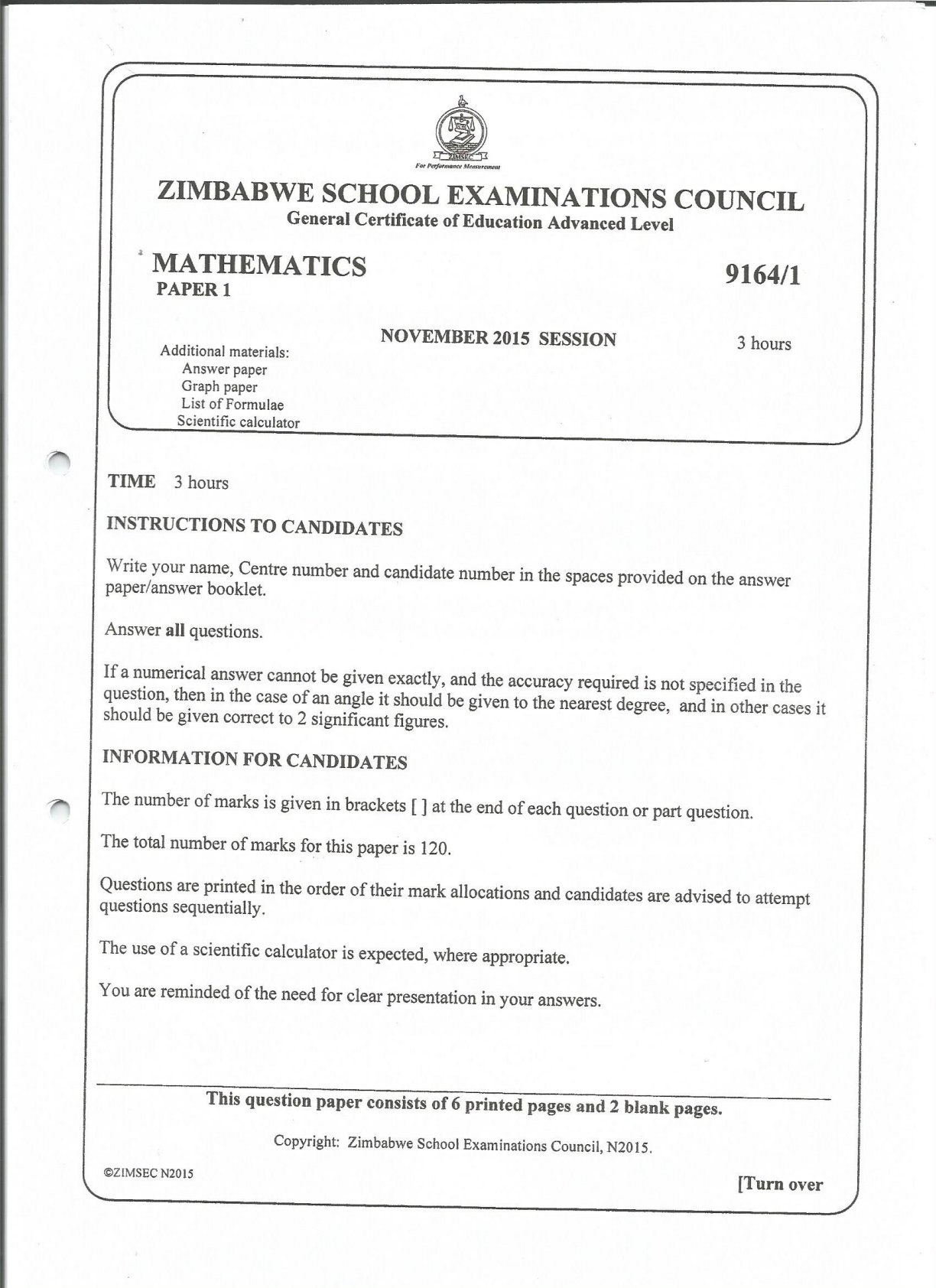 First page of ZIMSEC A-Level Mathematics Paper 1 November 2015 Question Paper