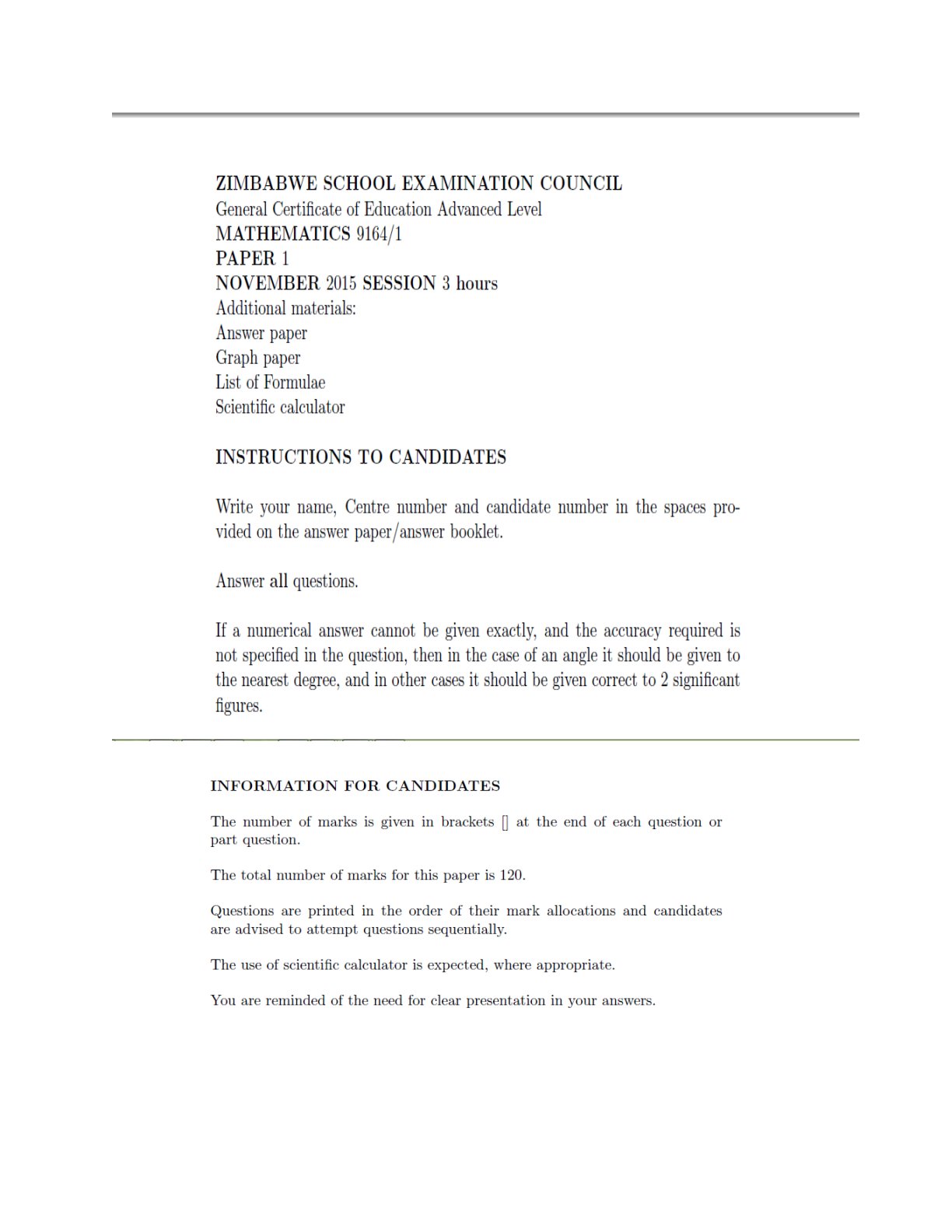 First page of ZIMSEC A-Level Mathematics Paper 1 November 2015 Question Paper