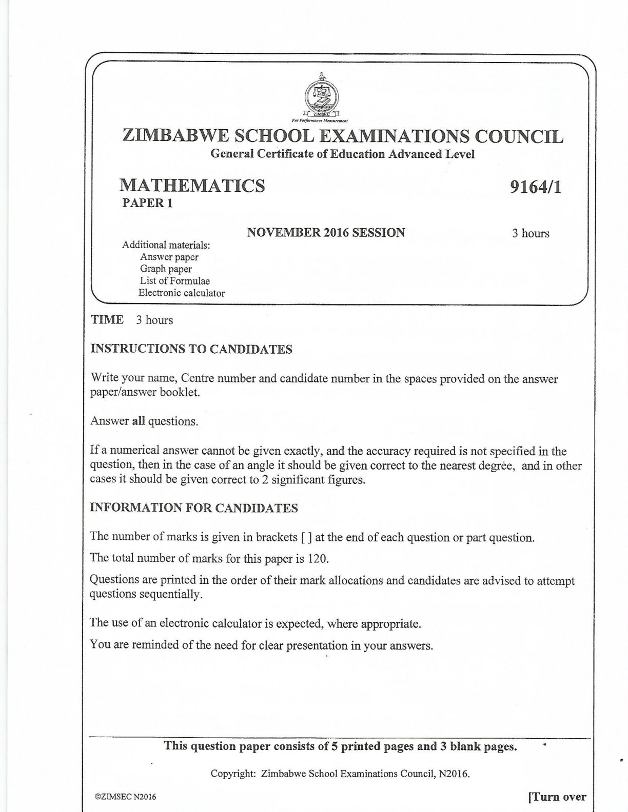 First page of ZIMSEC A-Level Mathematics Paper 1 November 2016 Question Paper