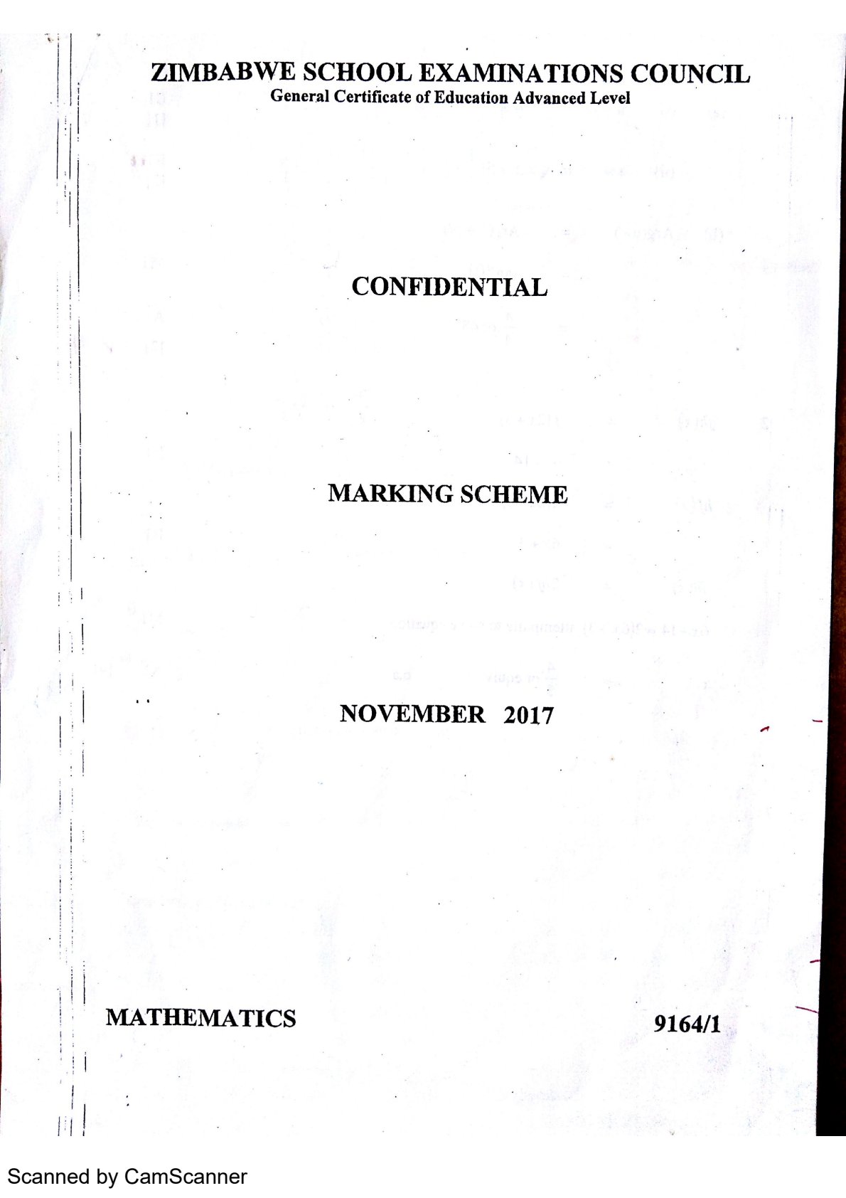 First page of ZIMSEC A-Level Mathematics Paper 1 November 2017 Marking Scheme
