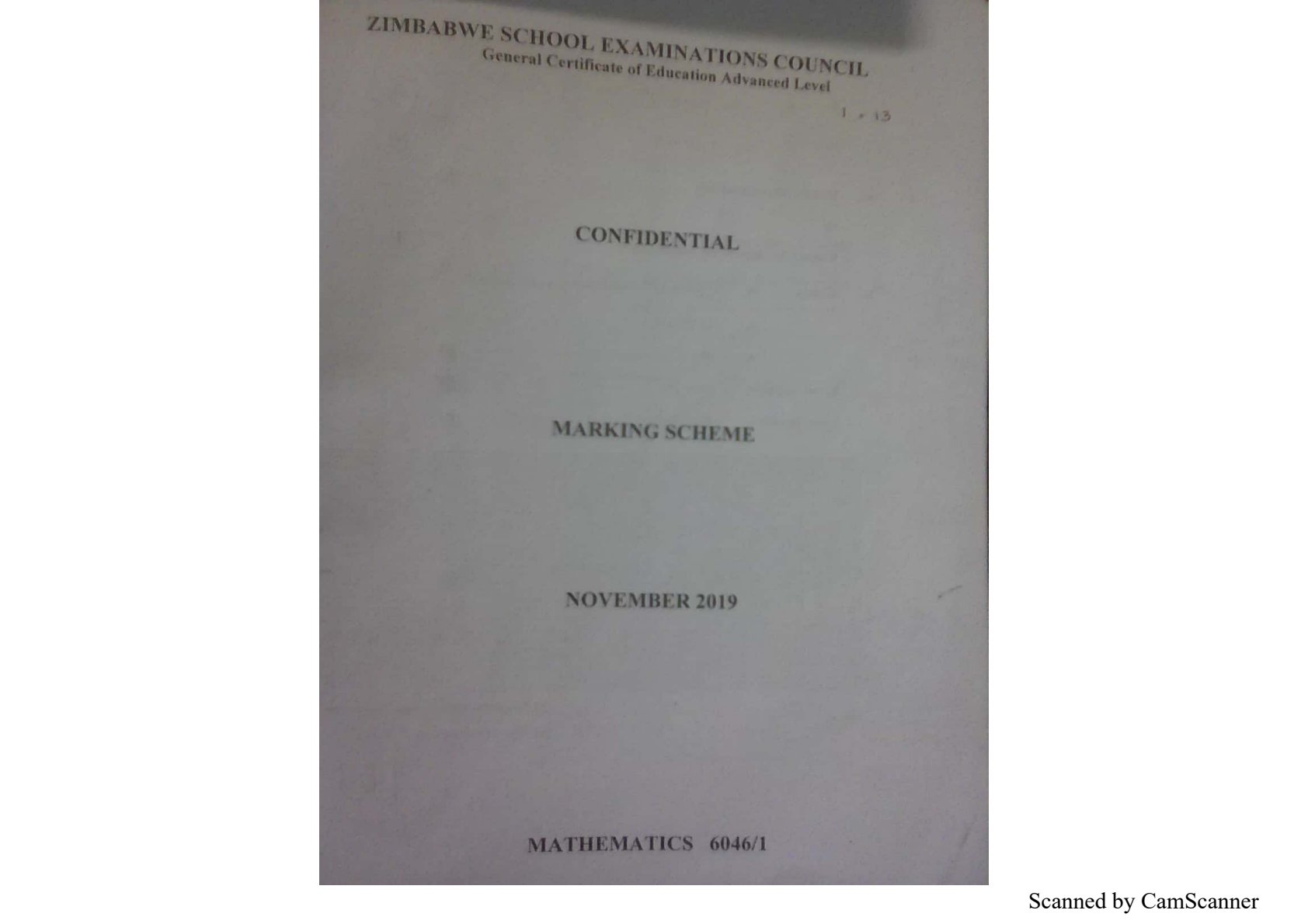 First page of ZIMSEC A-Level Mathematics Paper 1 November 2019 Marking Scheme