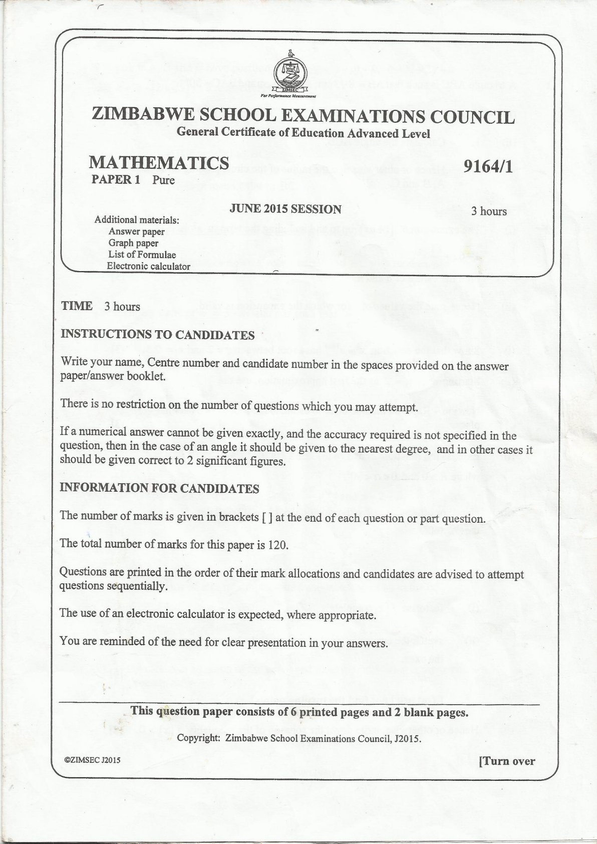First page of ZIMSEC A-Level Mathematics Paper 1 Pure June 2015 Question Paper