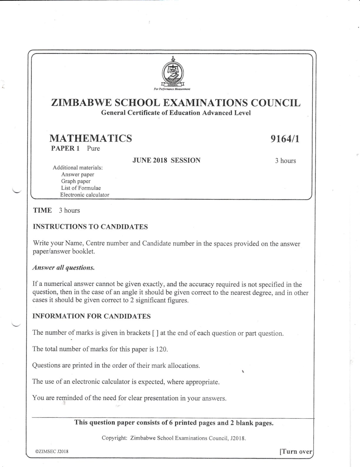 First page of ZIMSEC A-Level Mathematics Paper 1 Pure June 2018 Question Paper