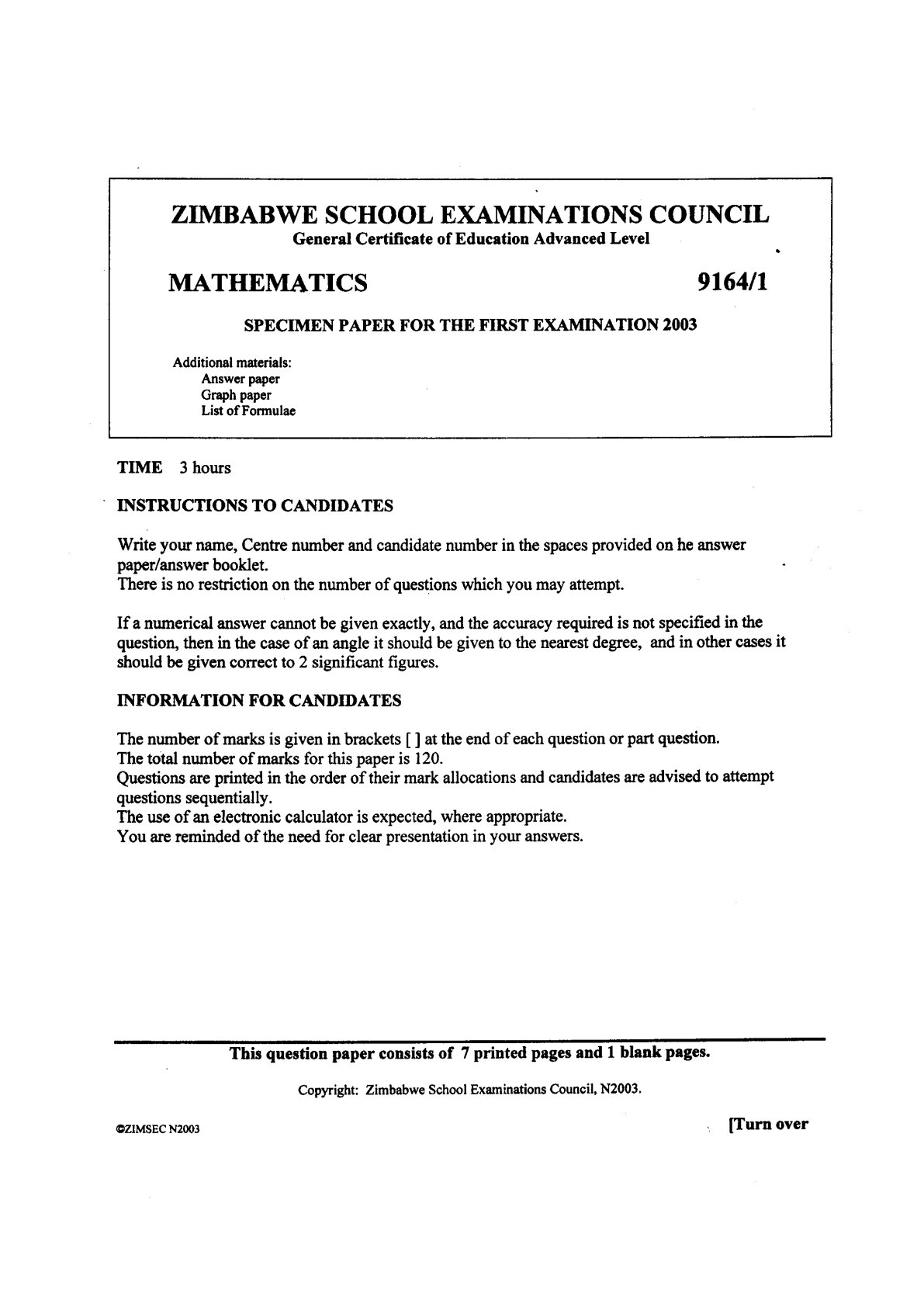 First page of ZIMSEC A-Level Mathematics Paper 1 Specimen 2003 Question Paper