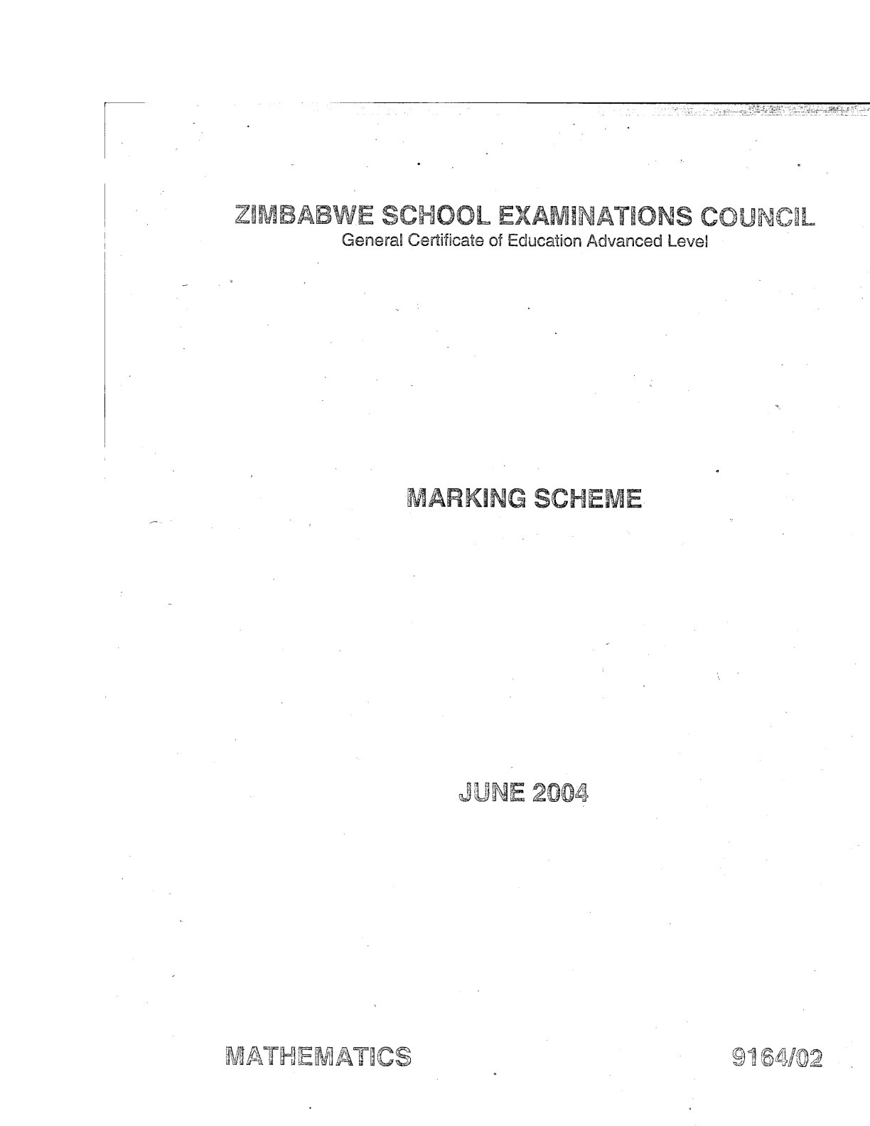 First page of ZIMSEC A-Level Mathematics Paper 2 June 2004 Marking Scheme