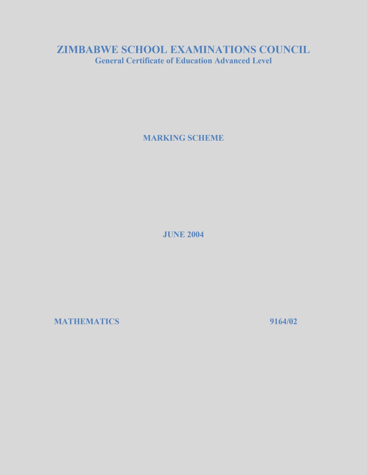First page of ZIMSEC A-Level Mathematics Paper 2 June 2004 Marking Scheme