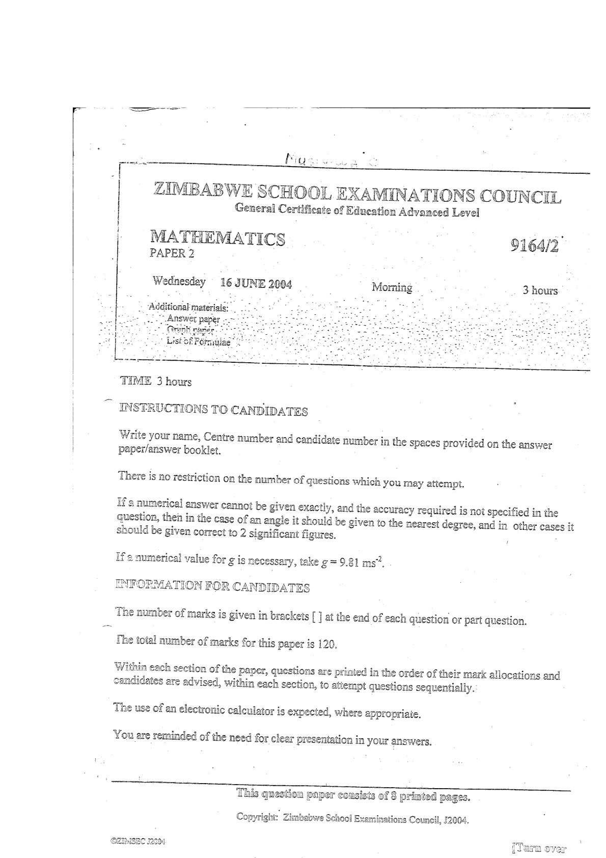 First page of ZIMSEC A-Level Mathematics Paper 2 June 2004 Question Paper