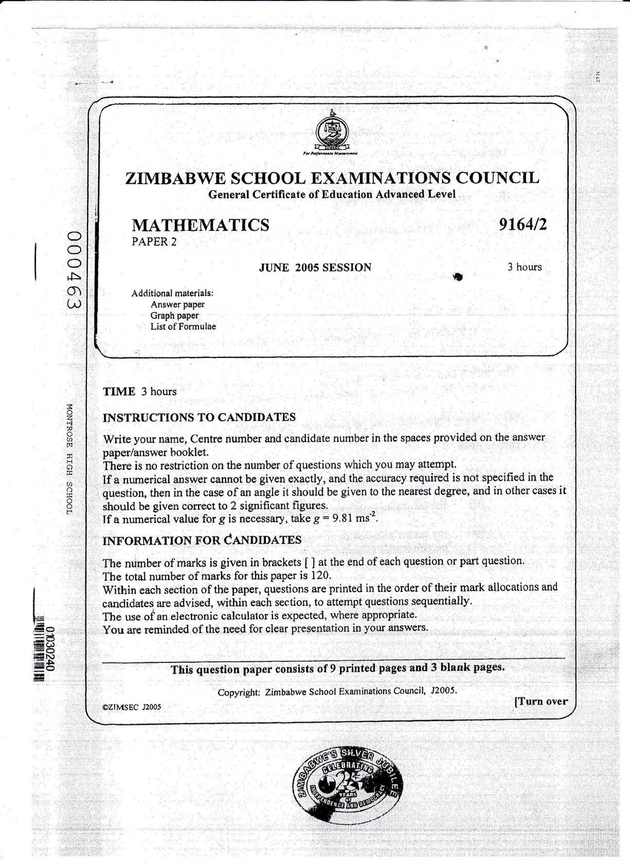 First page of ZIMSEC A-Level Mathematics Paper 2 June 2005 Question Paper
