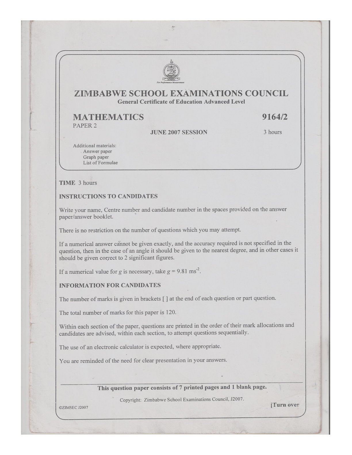 First page of ZIMSEC A-Level Mathematics Paper 2 June 2007 Question Paper