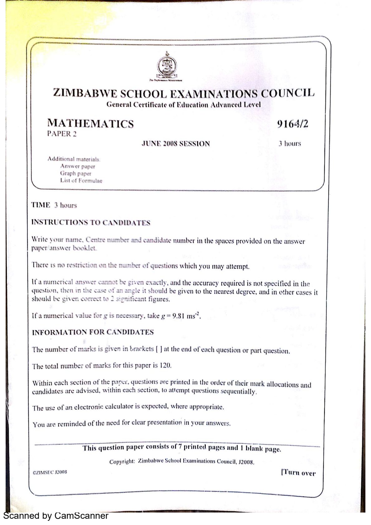 First page of ZIMSEC A-Level Mathematics Paper 2 June 2008 Question Paper