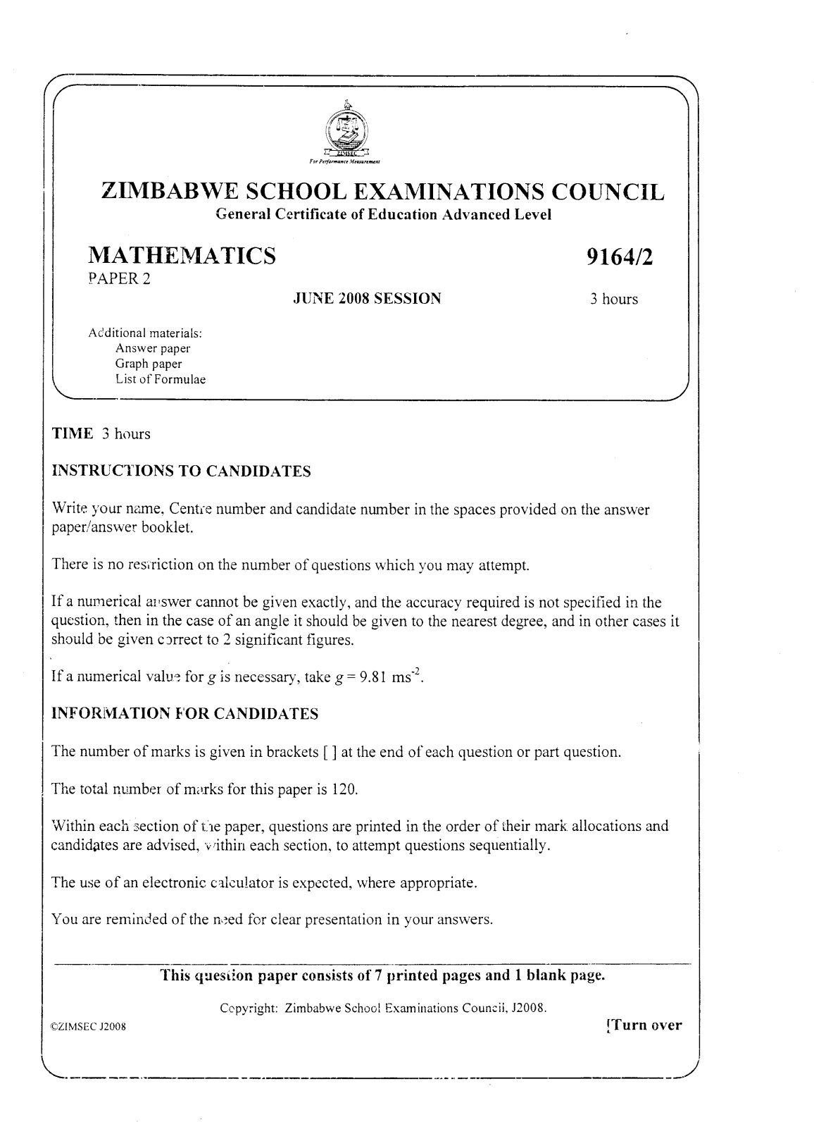 First page of ZIMSEC A-Level Mathematics Paper 2 June 2008 Question Paper