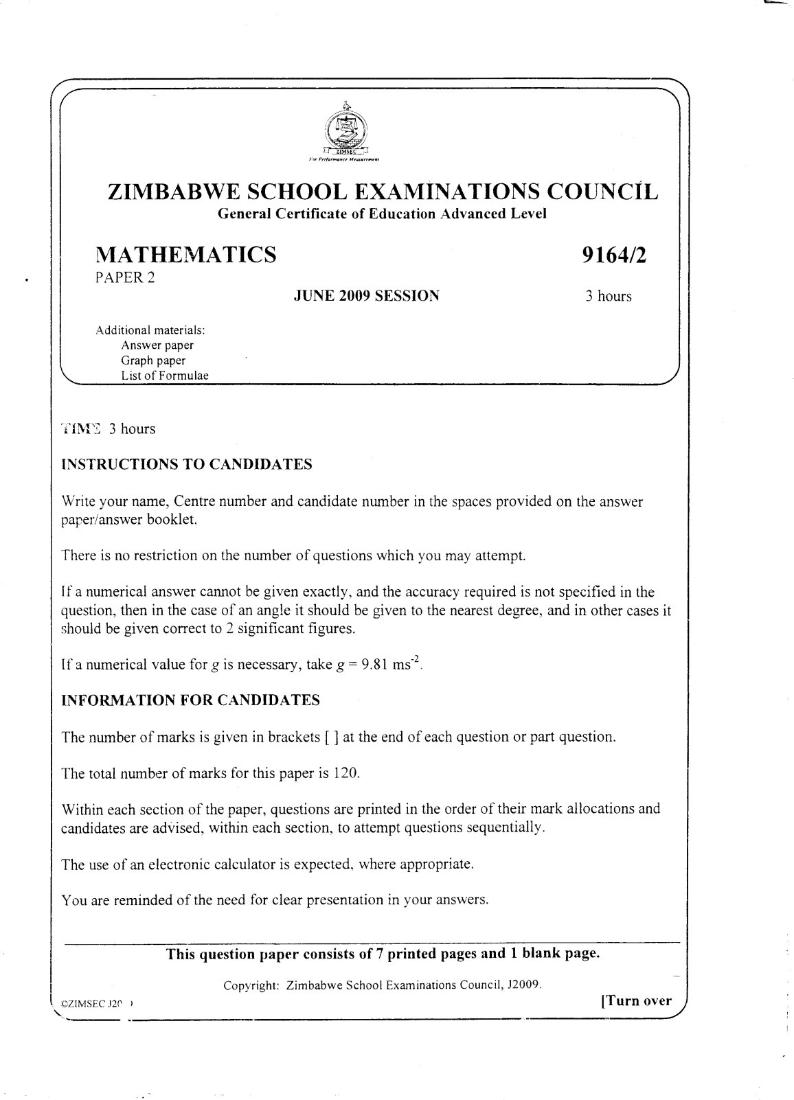 First page of ZIMSEC A-Level Mathematics Paper 2 June 2009 Question Paper