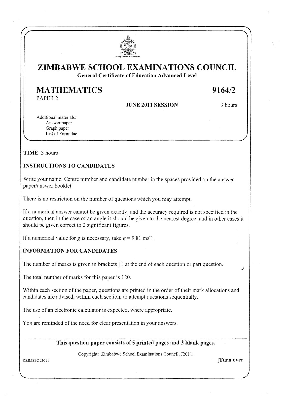 First page of ZIMSEC A-Level Mathematics Paper 2 June 2011 Question Paper
