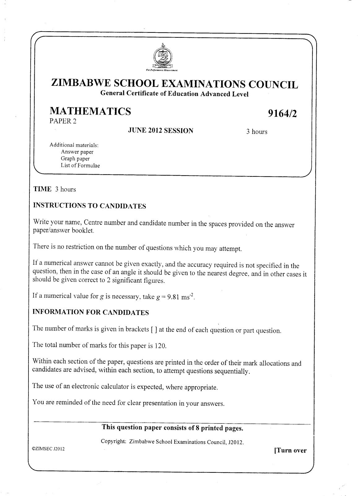 First page of ZIMSEC A-Level Mathematics Paper 2 June 2012 Question Paper